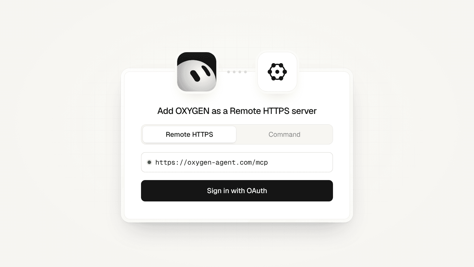 A connect card with the Grok Bot mark linked to the OXYGEN mark: Remote HTTPS, https://meetoxygenagents.com/mcp, and Sign in with OAuth.